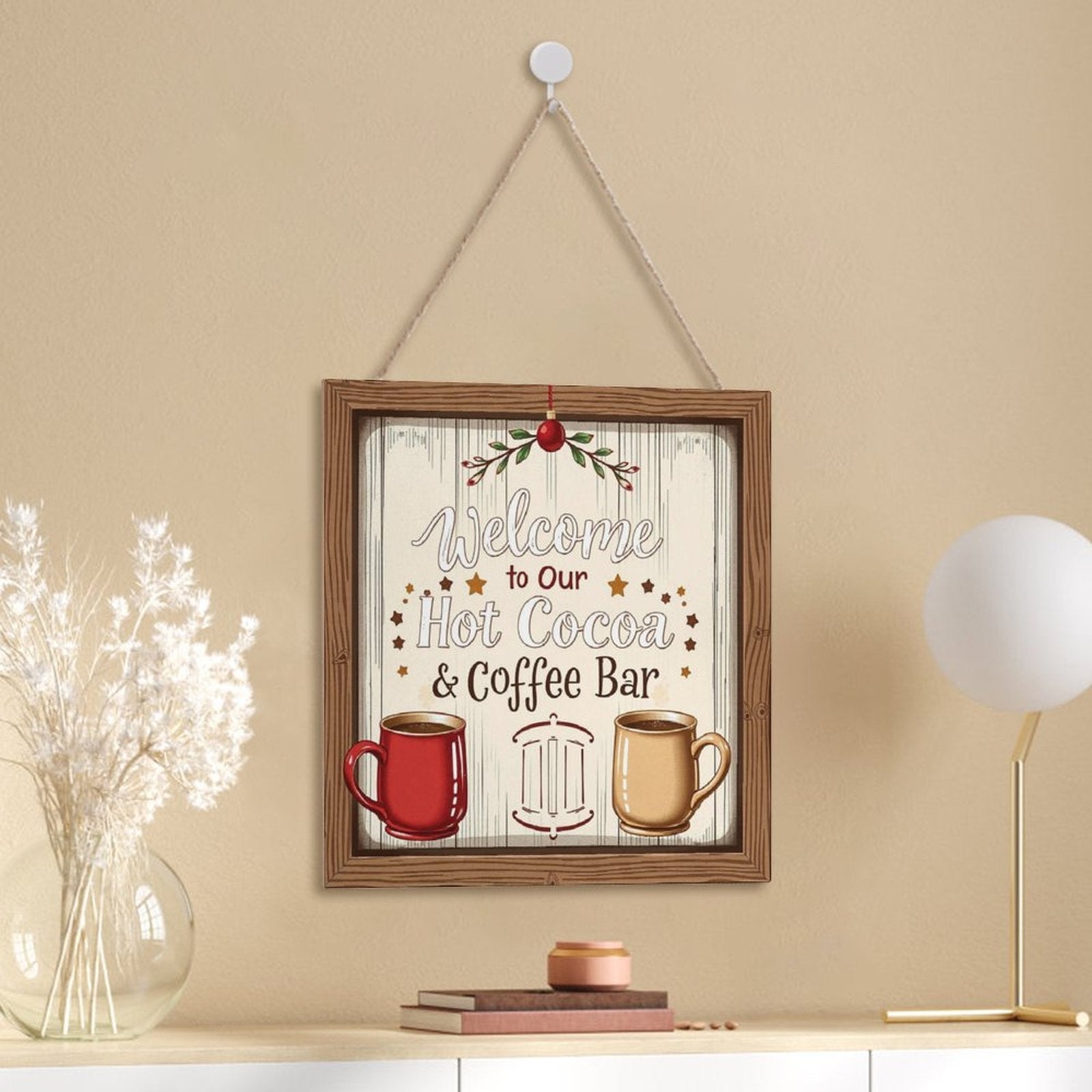 Welcome Coffe Bar Christmas Hot Cocoa Sign Square Wood Wall Decor Hanging Sign-12