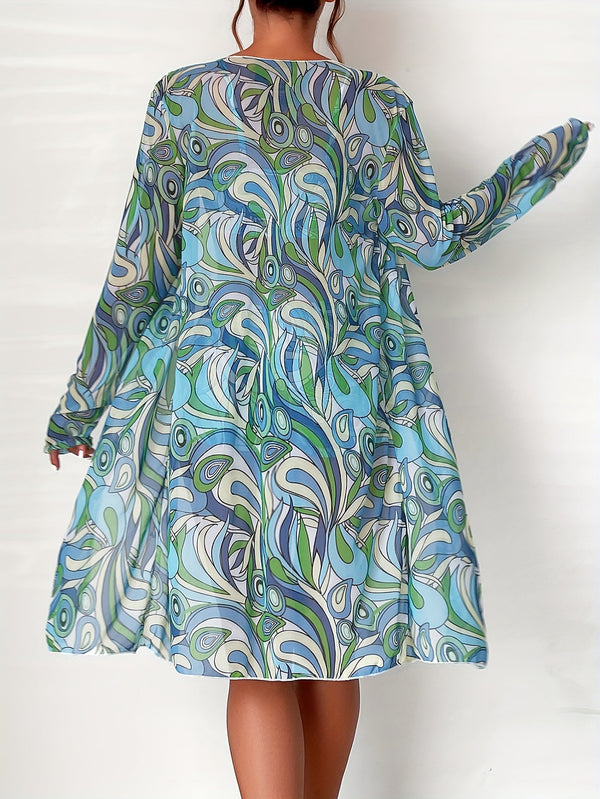 Modern Geo 3-Piece Bikini Set – Vibrant Geometric Print Fluttering Swimwear with V-Neck Top Boxer Shorts Bottoms and Long Sleeve Cover Shirt – Comfortable High-Stretch Women’s Beachwear for Pool & Summer Vacations