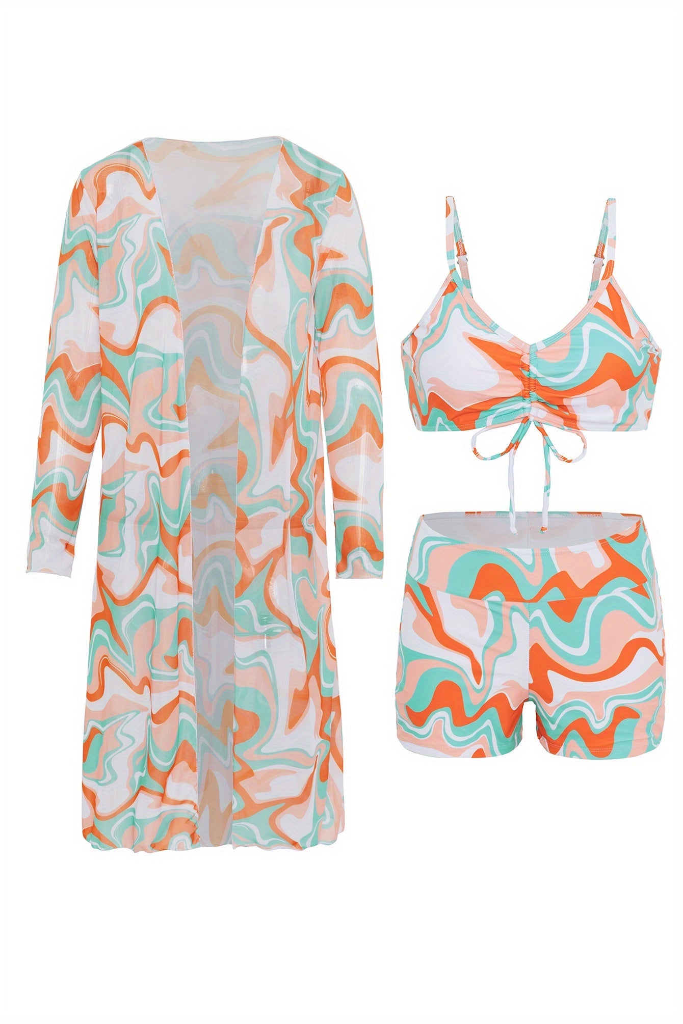 Luxe Lines 3-Piece Geometric Bikini Set for Women – High Rise Drawstring Bikini with Boxer Shorts & Long Sleeve Sheer Kimono Cover-Up – Bold & Breezy Women’s Swimwear for Summer Beach Pool & Getaways