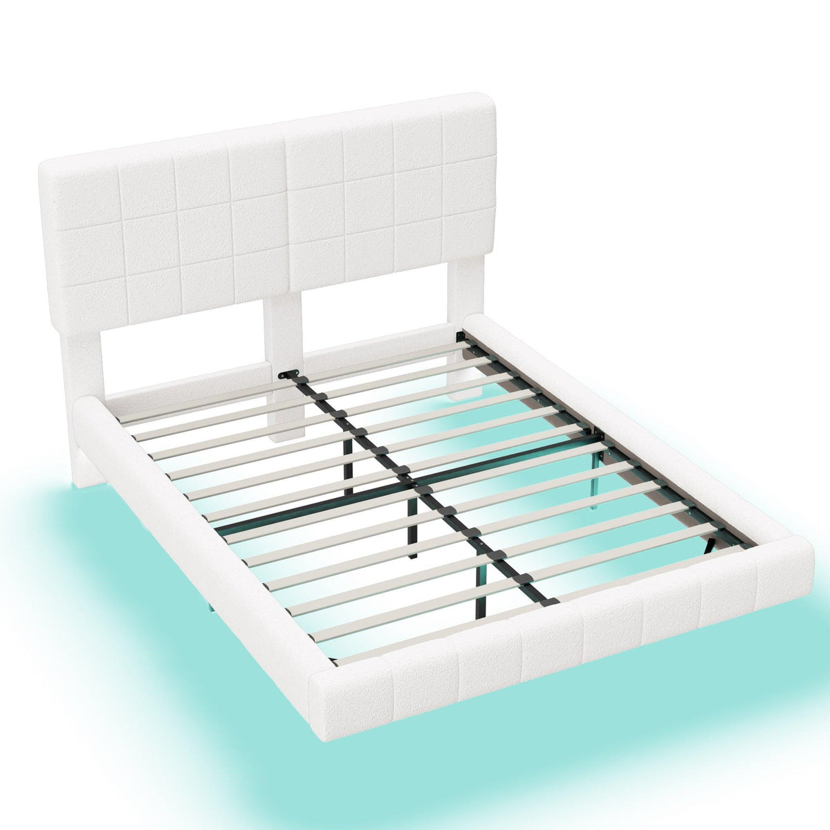 White  Boucle Floating Bed with Light,Queen