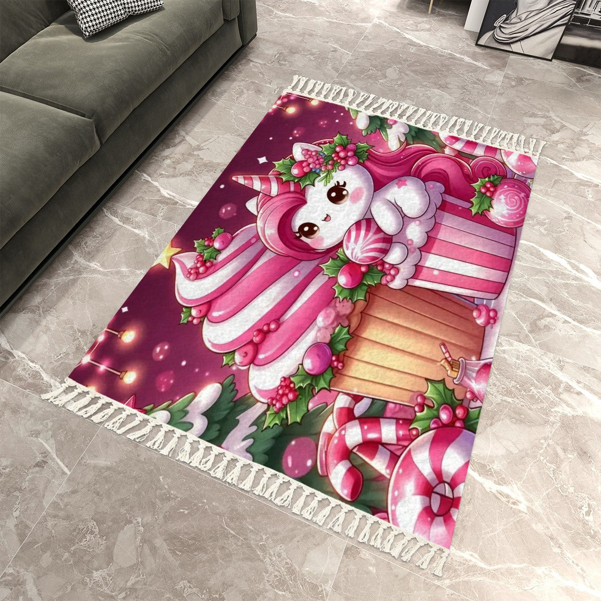 Christmas pink unicorn Area Rug with Tassels (8:5) ChristmasLoving.Shop