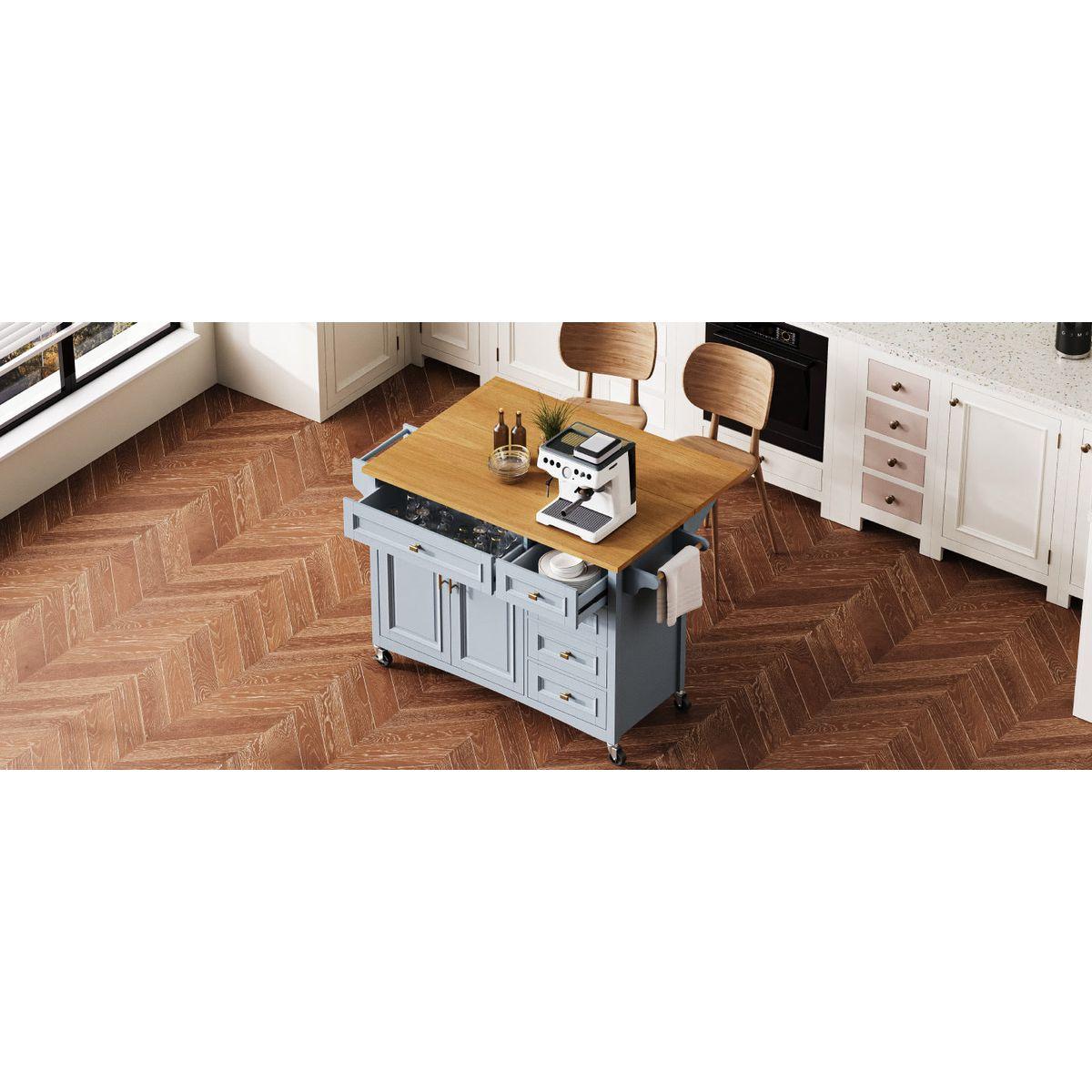 K&K 52'' Kitchen Island with Drop Leaf, Embossed Texture Kitchen Island on Wheels with Spice Rack, Towel Rack, 2 Doors and 5 Drawers, Kitchen Storage Cart with Adjustable Shelf for Kitchen, Blue Grey