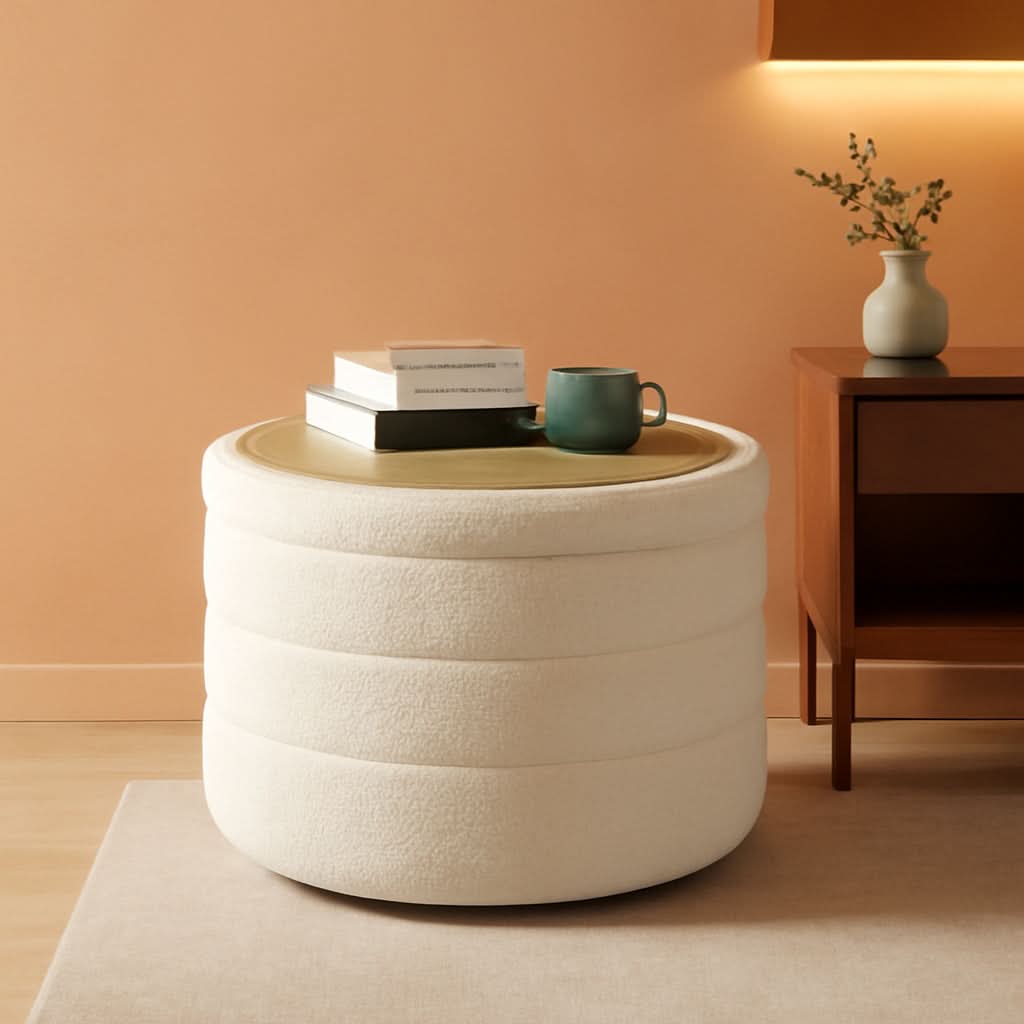 White Round Storage Ottoman Ultra Durable Cozy Elegant