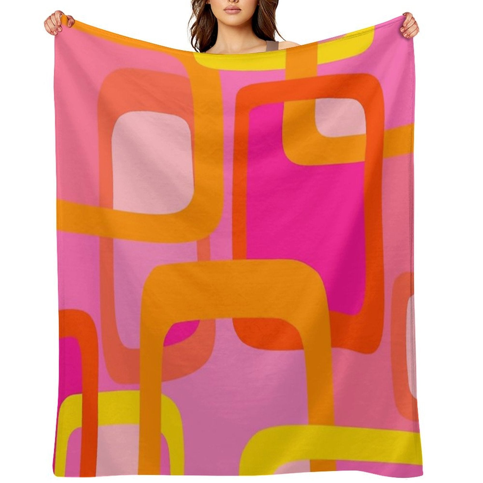 Iconic Mid Century Modern Pattern in Pink And Orange Plush Throw Blanket