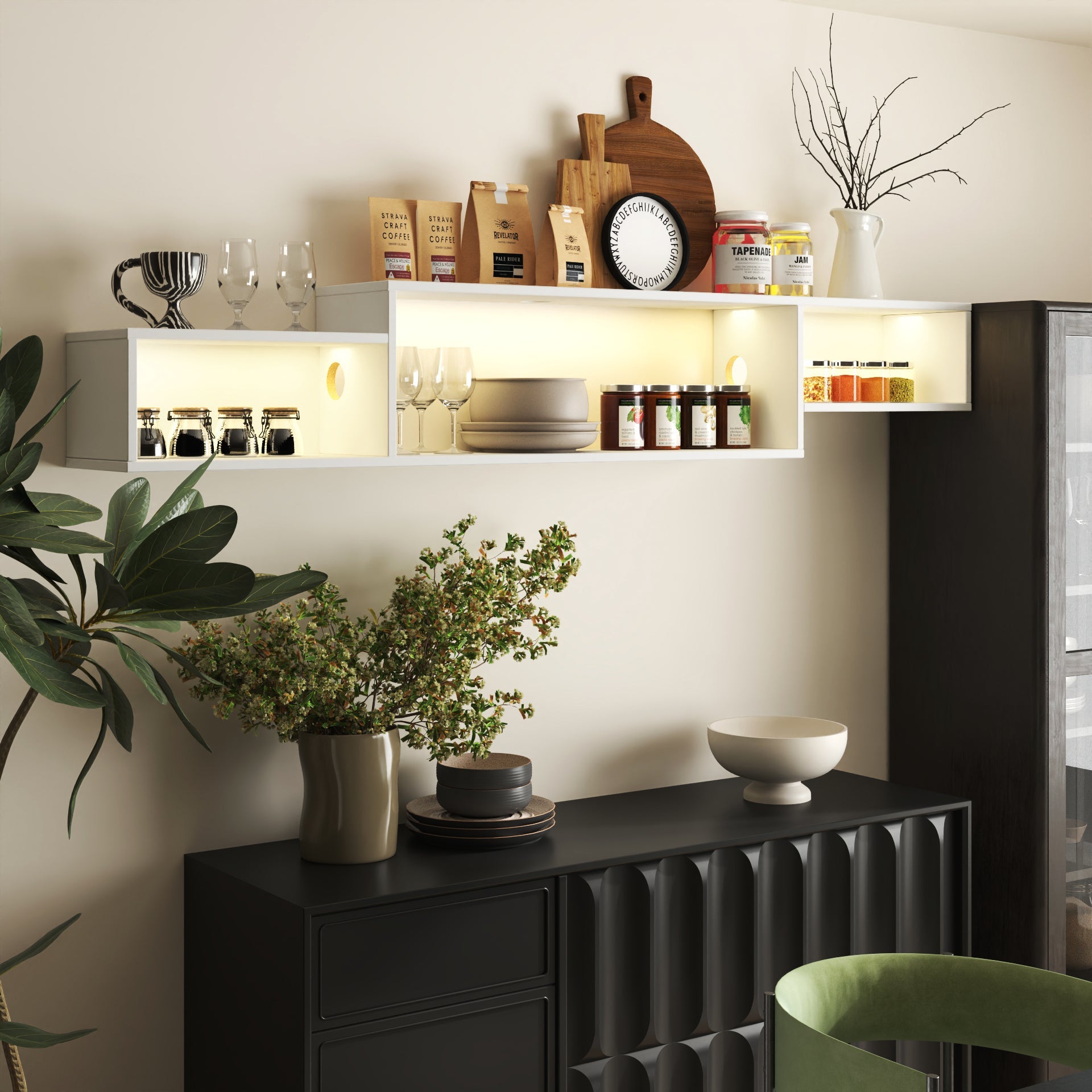 Wall Mounted Floating TV Stand with LEDs and Charging Station for Living Room