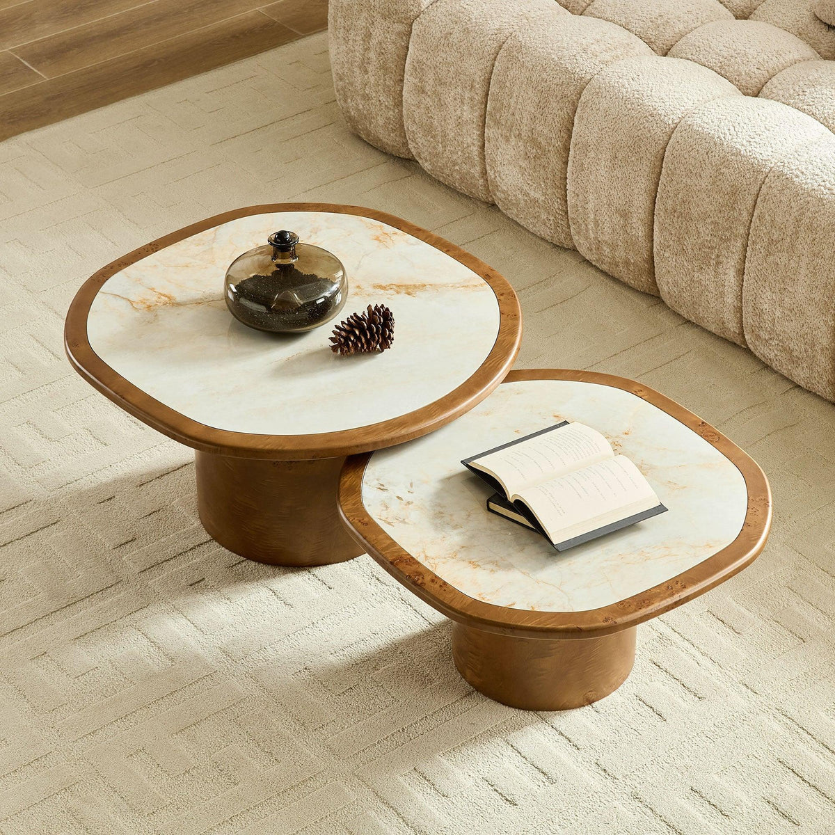 Set of 2 Walnut Burl Wood Nesting Coffee Table Set with Sintered Stone Top