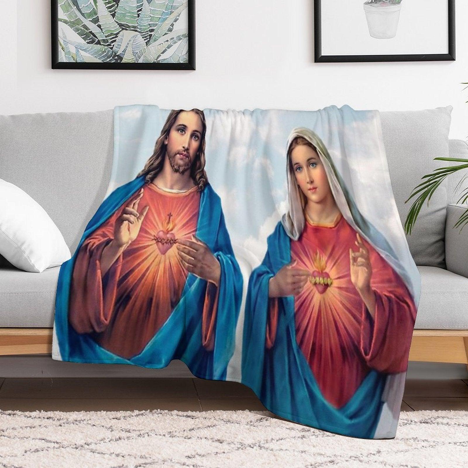 Sacred And Immaculate Hearts (Jesus And Mary) with Sky Background Throw Blanket