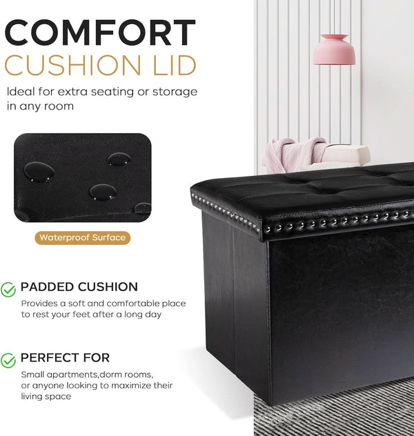 Faux Leather Folding Storage Ottoman 30 Inch Size Black