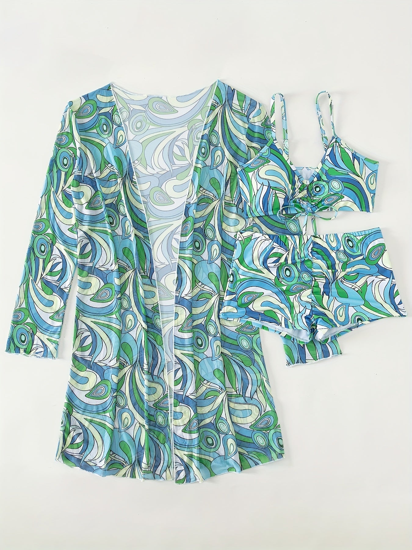 Modern Geo 3-Piece Bikini Set – Vibrant Geometric Print Fluttering Swimwear with V-Neck Top Boxer Shorts Bottoms and Long Sleeve Cover Shirt – Comfortable High-Stretch Women’s Beachwear for Pool & Summer Vacations