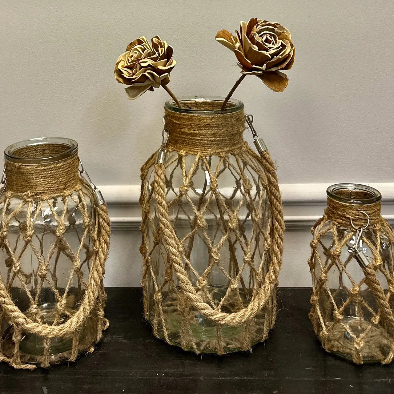 Vintage Hand-woven Mesh Pocket Hanging Glass Vase