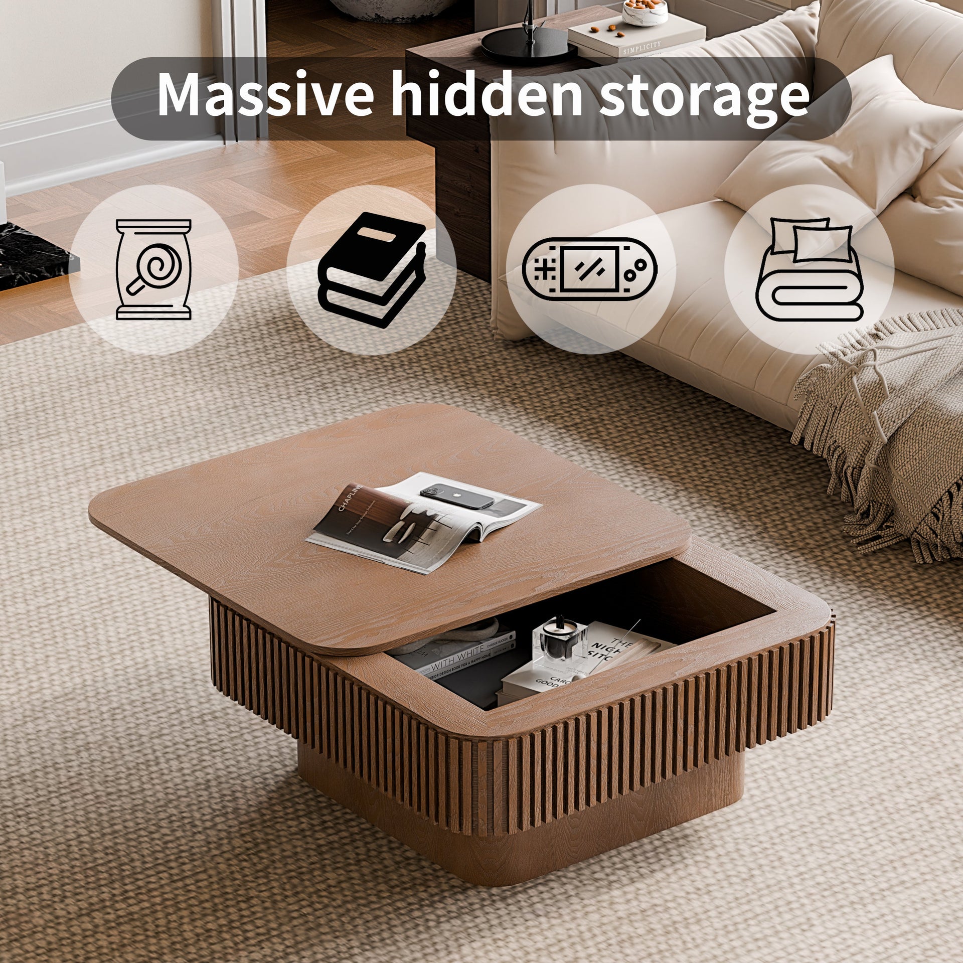 Walnut Square Modern Coffee Table with Hidden Storage