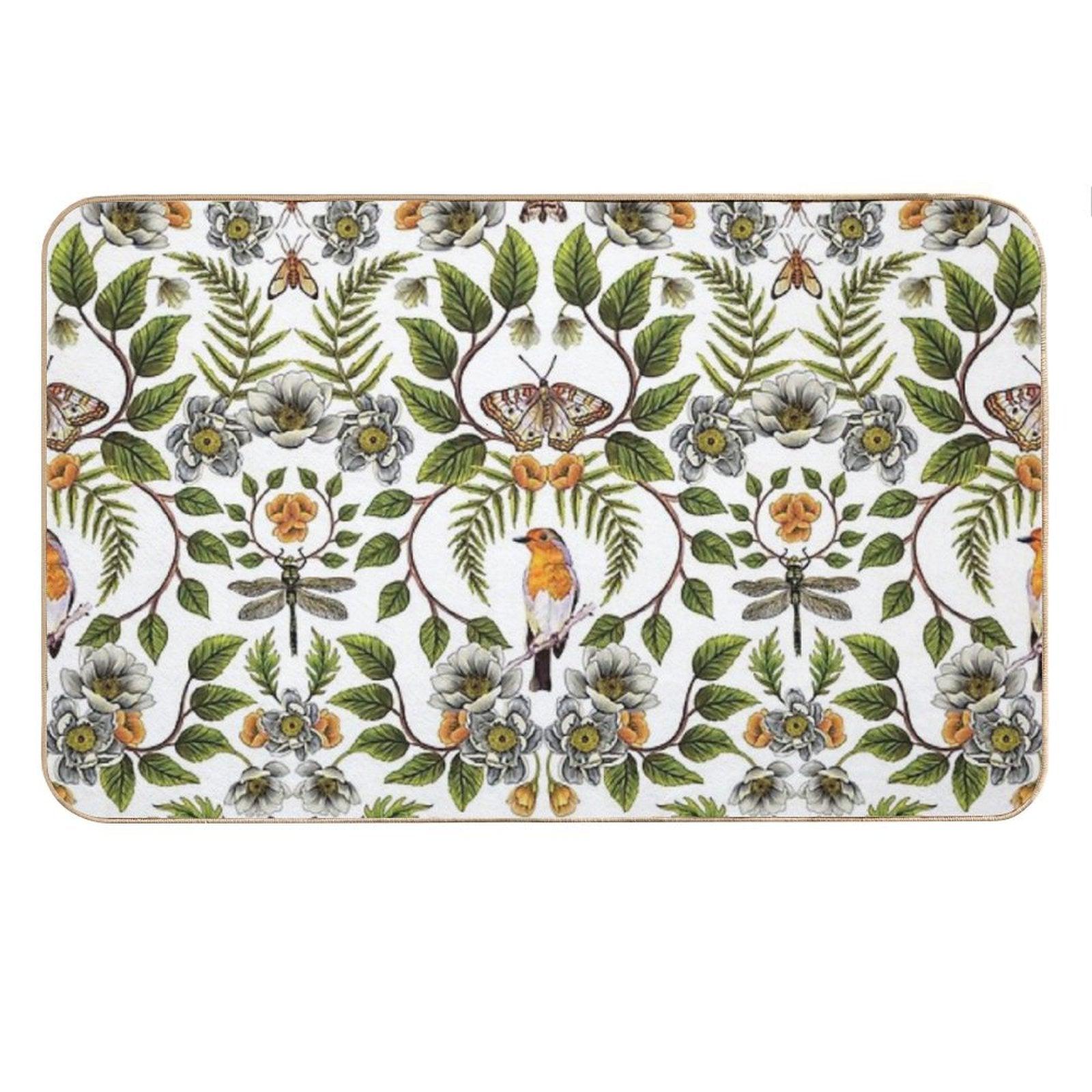 Spring Reflection - FloralBotanical Pattern W Birds, Moths, Dragonflies & Flowers Bath Mat