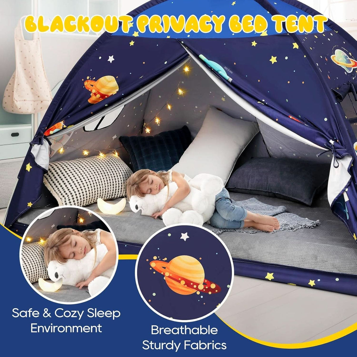 Twin Bed Tent Canopy Blue Black out Privacy Indoor Play house For Kids