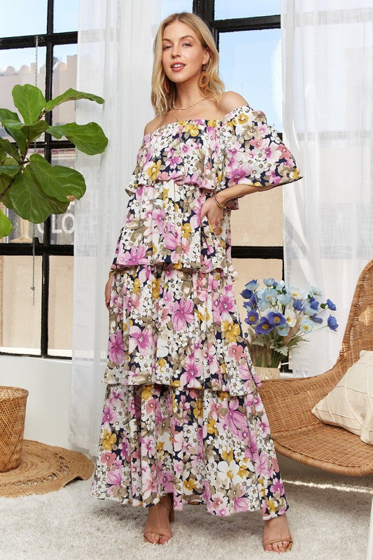 Layered Floral Off-Shoulder Short Sleeve Maxi Dress – Elegant Off-Shoulder Maxi Dress with Layered Floral Pattern for a Romantic Look