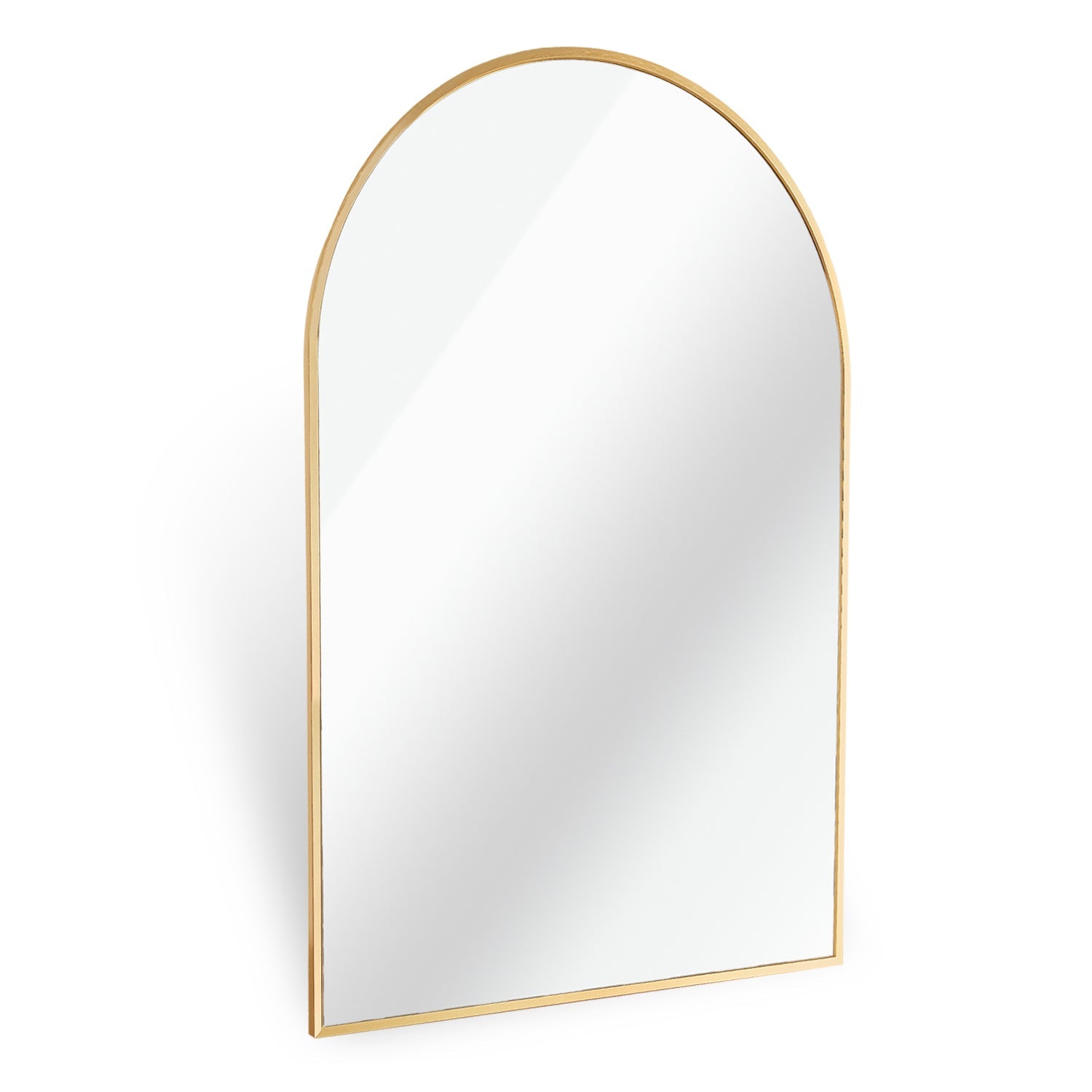 Angled view of 24x36 Inch Gold Metal Framed Arched Mirror highlighting its slim profile and elegant gold frame for modern interiors.