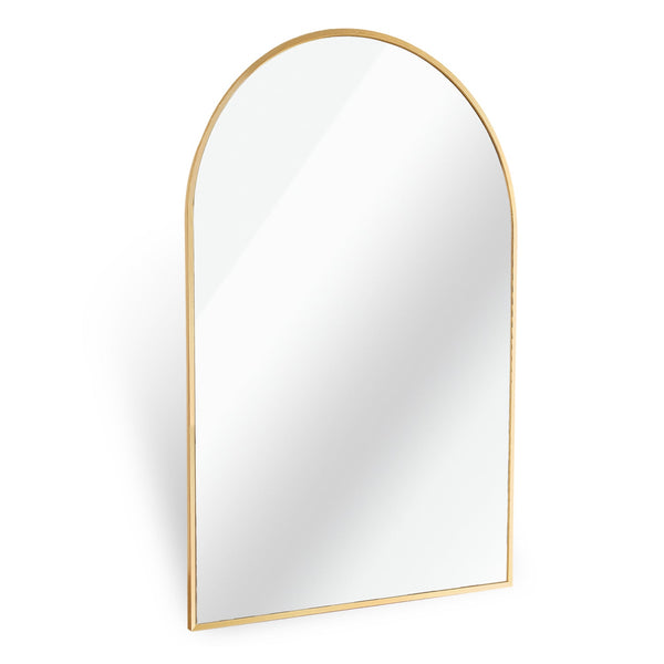 Angled view of 24x36 Inch Gold Metal Framed Arched Mirror highlighting its slim profile and elegant gold frame for modern interiors.