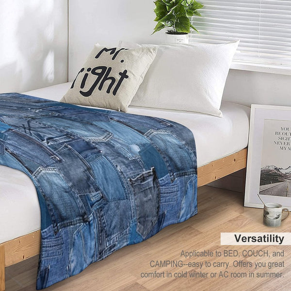 Photograph of Blue Denim Jeans Pocket Patchwork ONLY - Not Real Plush Throw Blanket