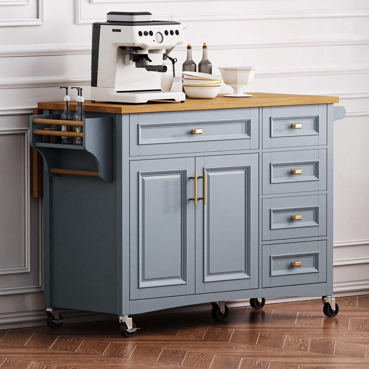K&K 52'' Kitchen Island with Drop Leaf, Embossed Texture Kitchen Island on Wheels with Spice Rack, Towel Rack, 2 Doors and 5 Drawers, Kitchen Storage Cart with Adjustable Shelf for Kitchen, Blue Grey