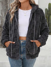 Dark Gray Women Checkered Pattern Jacket Comfy Textured Zip-Up Drawstring Fuzzy Jacket