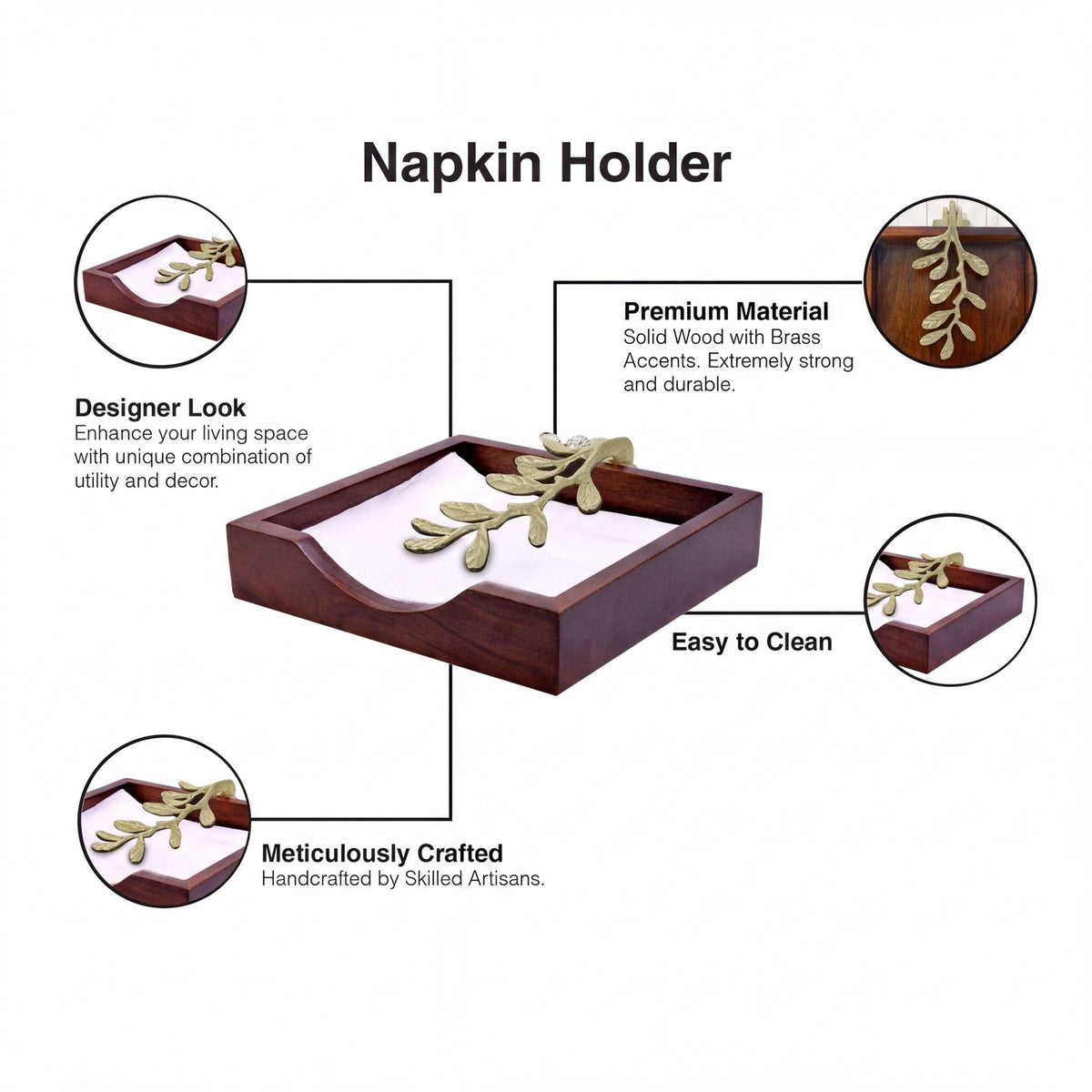 Wooden Napkin Holder – Gold, Weighted Metal Arm