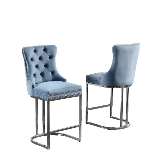 Set of 2 Light Blue Velvet Wing‑Back Bar Stool Set