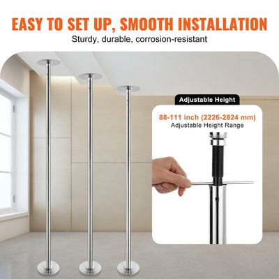 Professional Dancing Pole, Spinning Static Dancing Pole Kit, Portable Removable Pole, 45mm Heavy-Duty Stainless Steel Pole, Height Adjustable Fitness Pole, For Exercise Home Club Gym, Silver