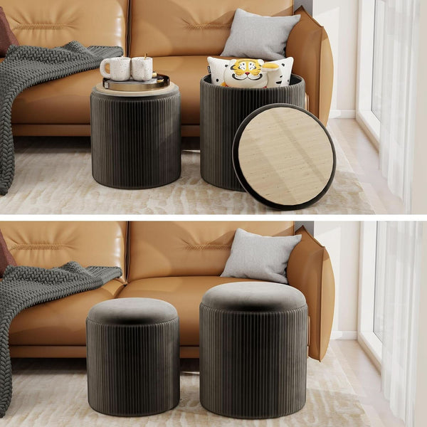 Round Velvet Storage Ottoman Black Lacquered Finish