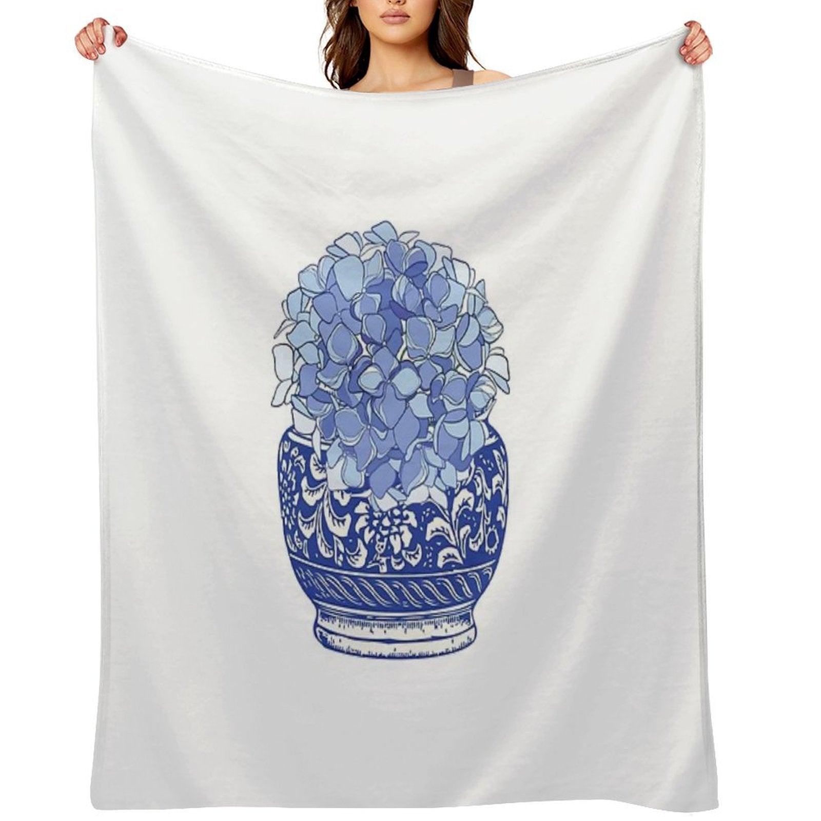Blue And White Vase with Blue Hydrangeas Throw Blanket