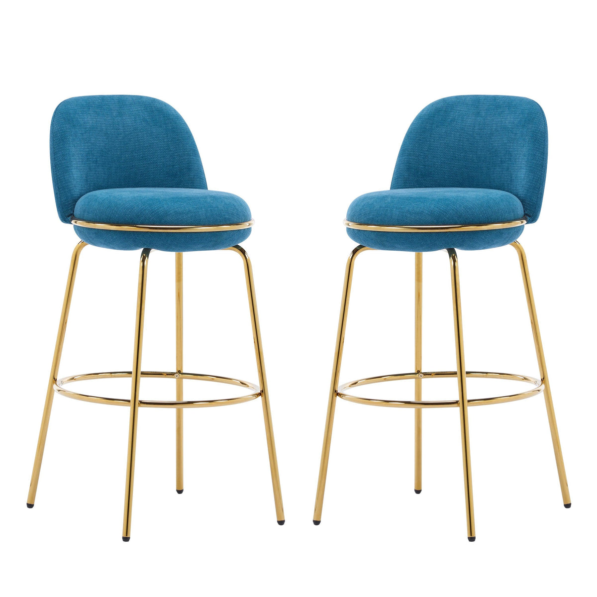 Modern Blue & Gold Upholstered Bar Stools with Backrest & Footrest – Set of 2