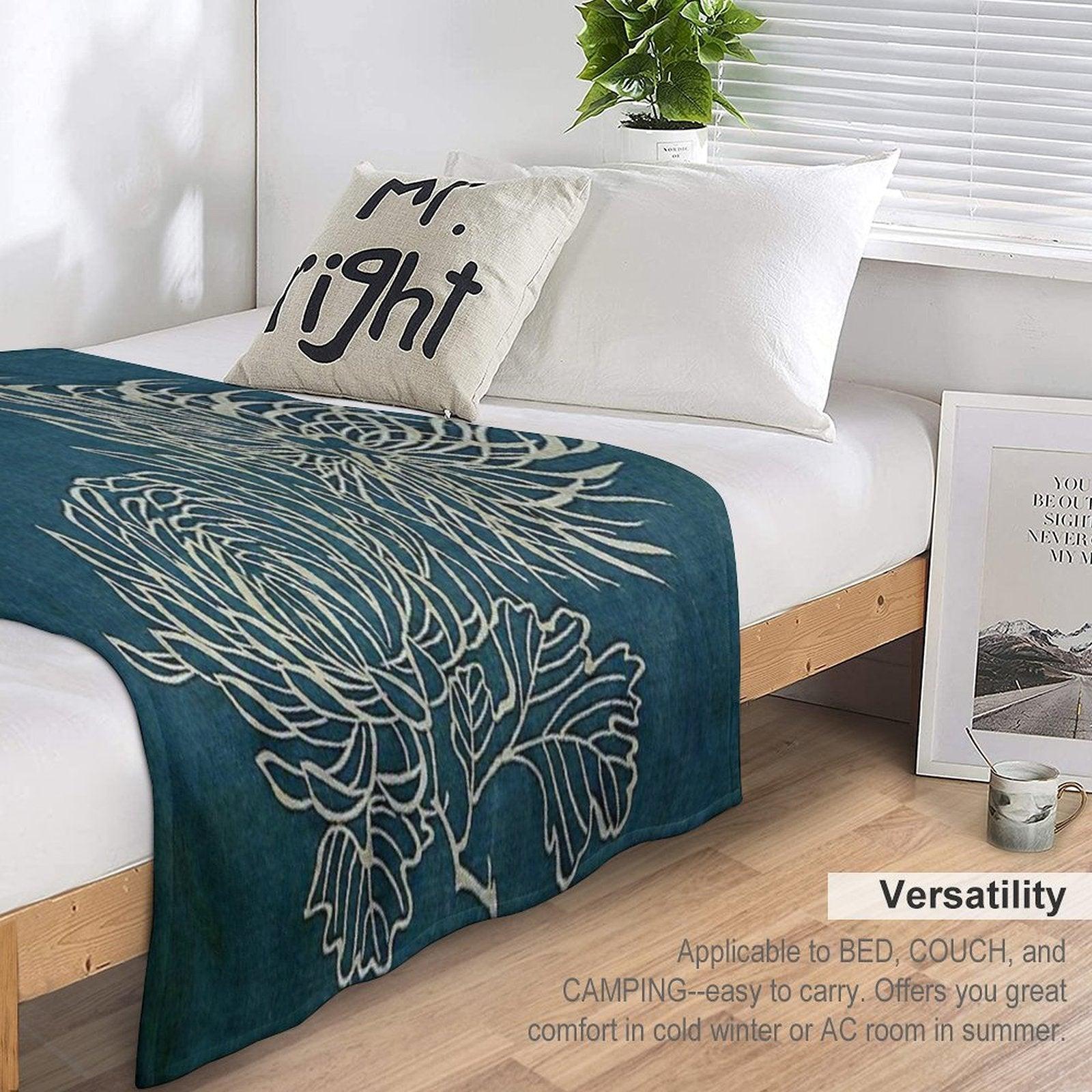 Japanese Textile Blue And White Lotus Flower Throw Blanket