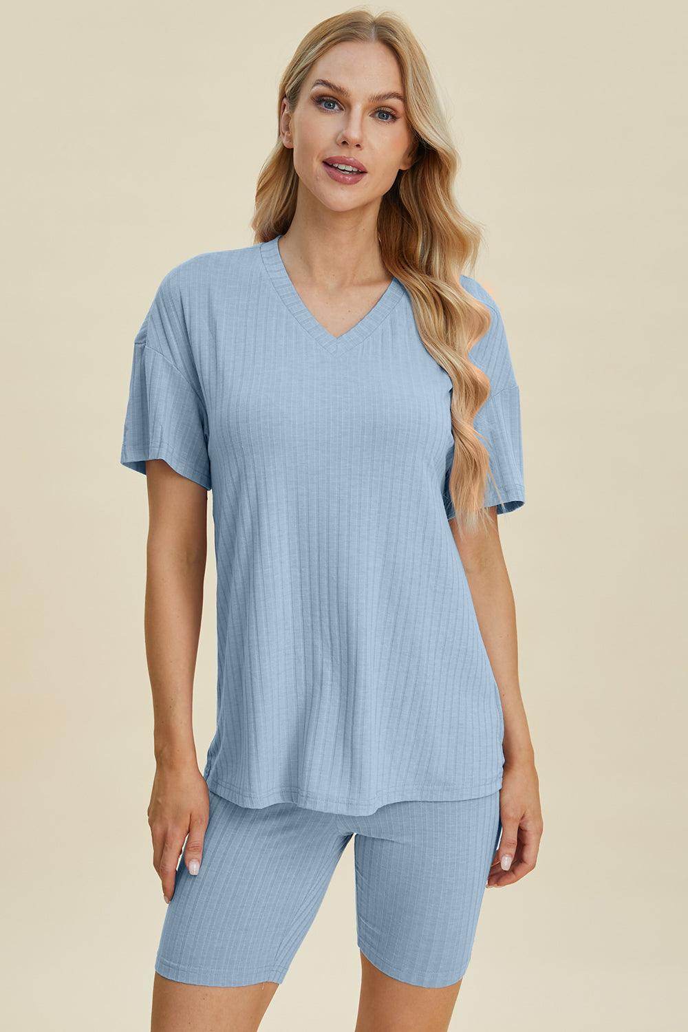 Basic Bae Full Size Ribbed V-Neck Top and Shorts Set For Women