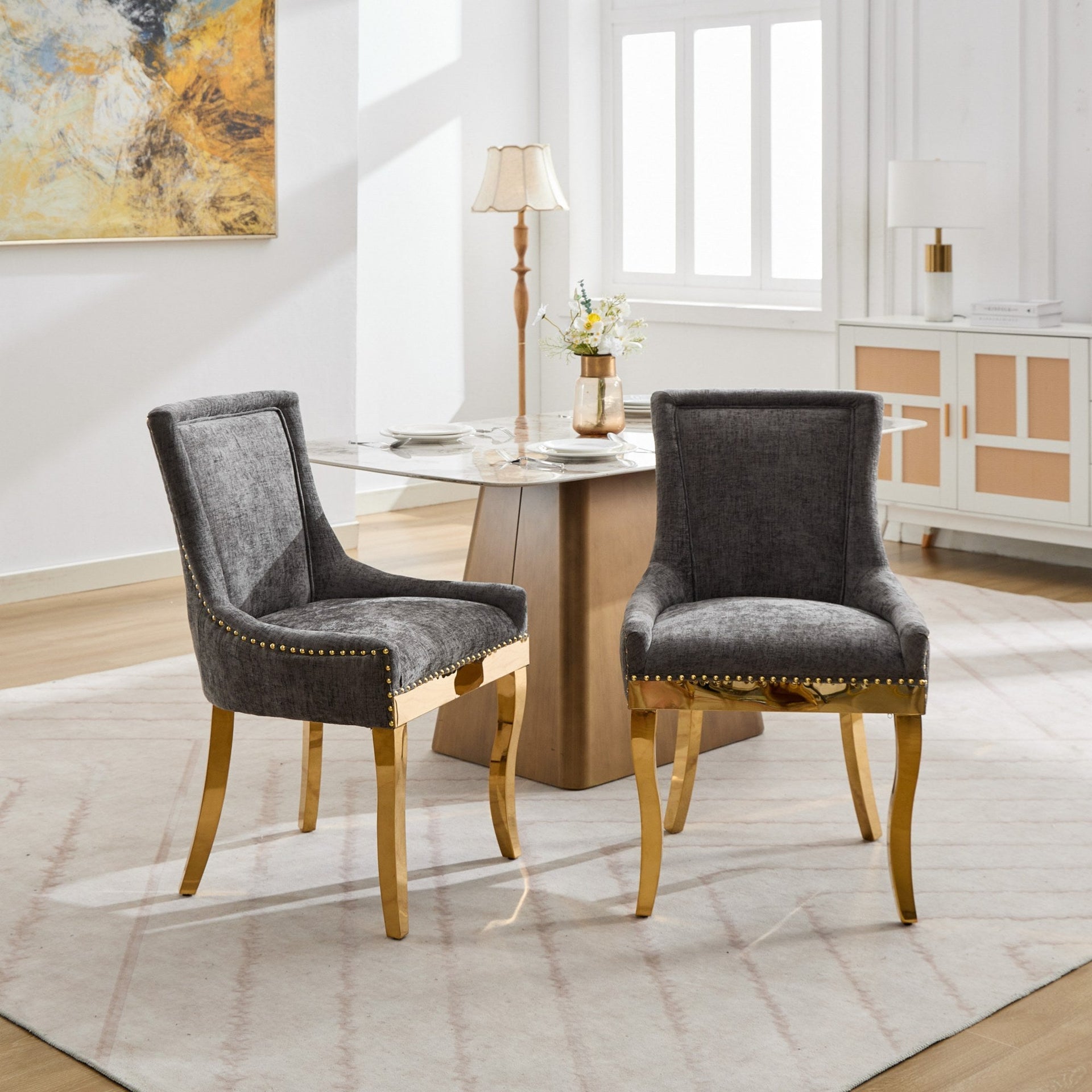 Chenille Dining Chairs Modern Style with Curved Gold-Plated Legs & Rivet Trim