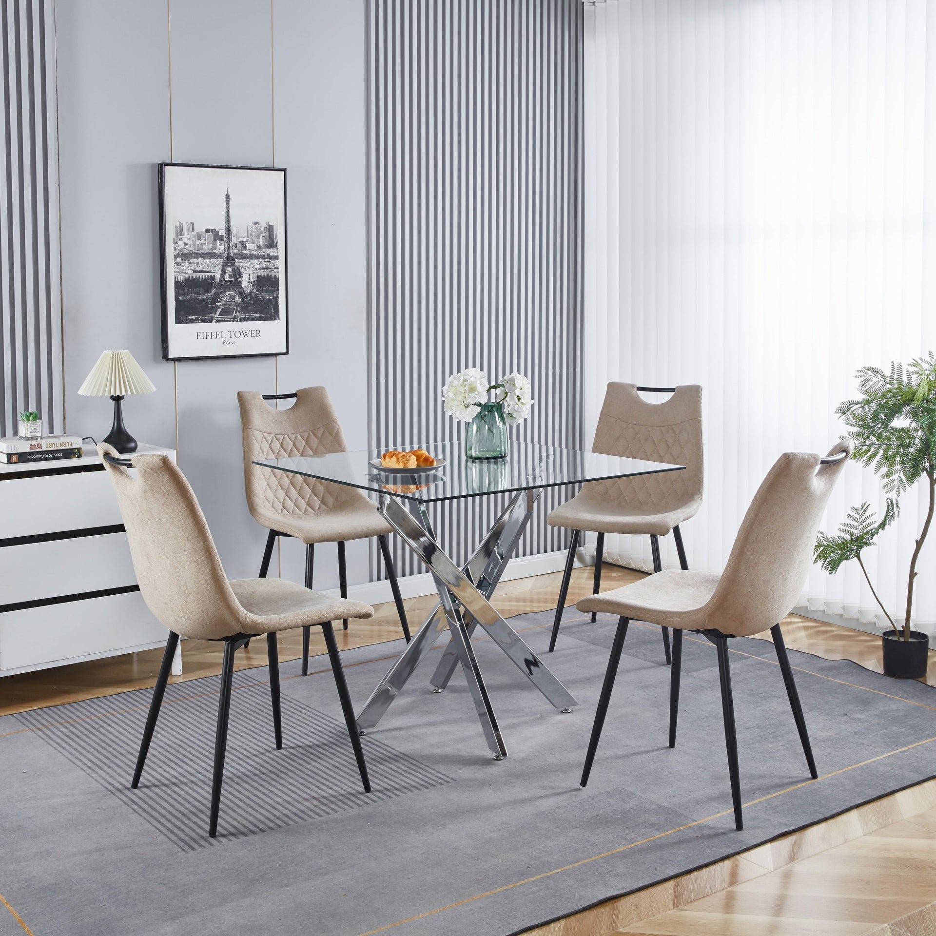 Dining Table with cross metal leg and tempered glass,Modern Space Saving Kitchen Table for Living Room,chrome legsSquare table,90x90x75cm