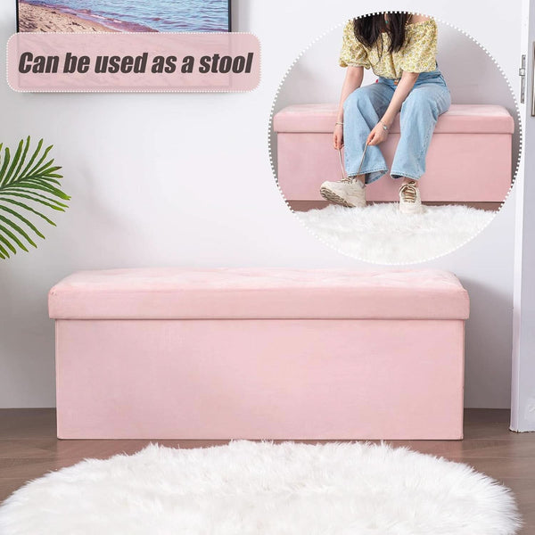 Pink 43 Inch Velvet Lux Foldable Storage Ottoman Bench