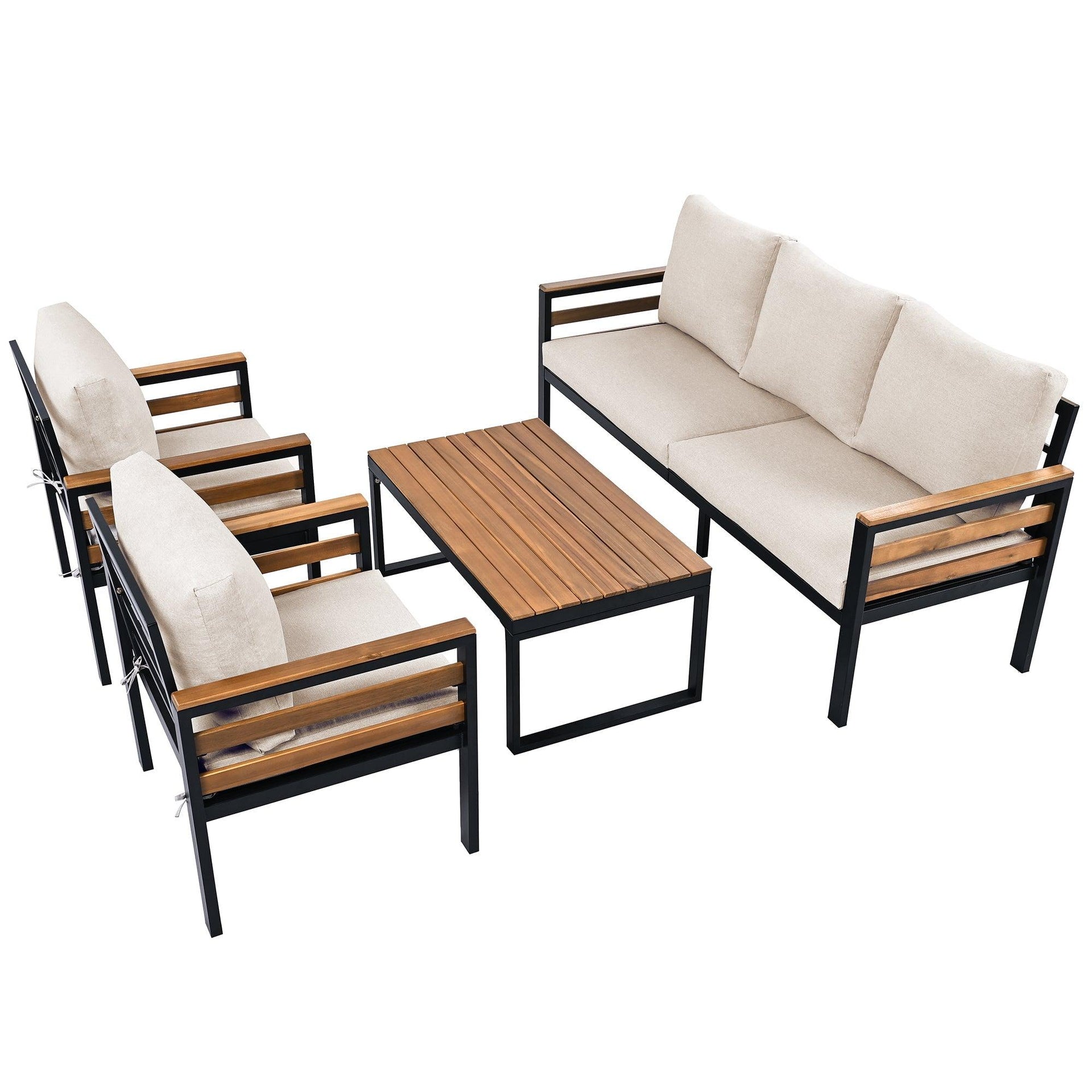4-Piece Outdoor Furniture Sofa Set for 5 People with Acacia Wood Armrests