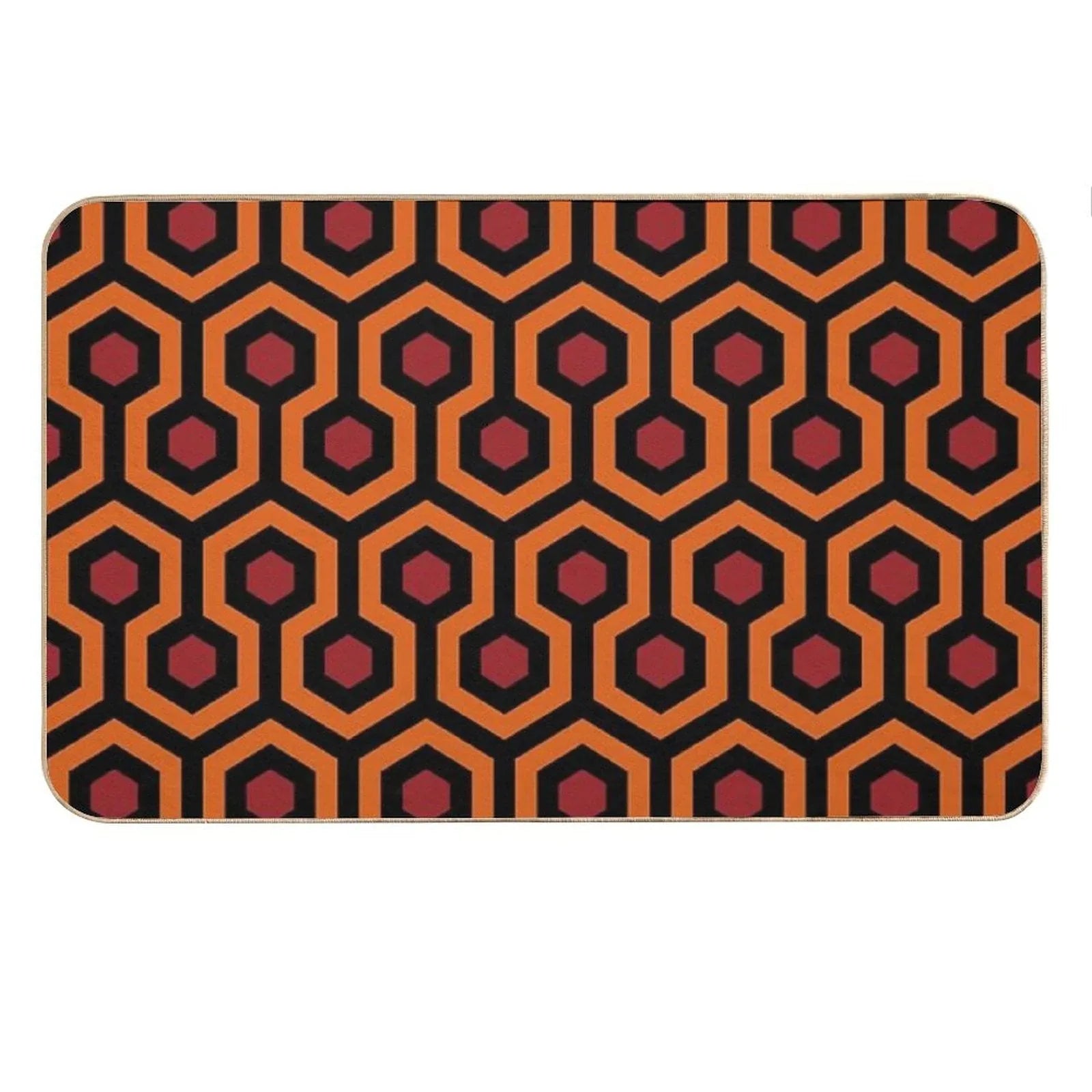 Geometric Pattern Looped Hexagons OrangeRedBlack Bath Mat
