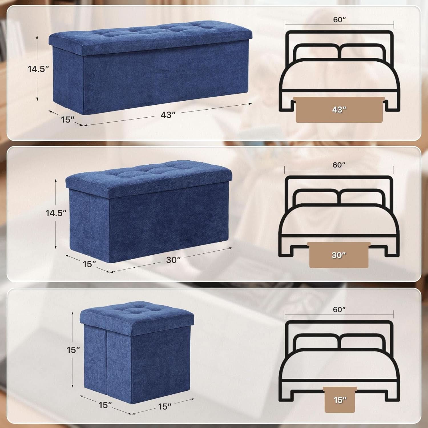 Navy Blue Folding Storage Ottoman Organizer 43Inch