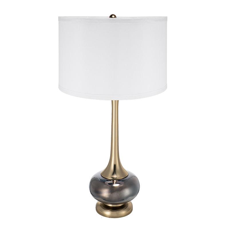 Modern Glass Table Lamp with Gold Accents & White Drum Shade