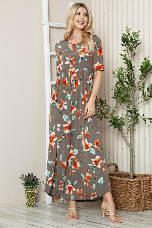 Floral Round Neck Short Sleeve Maxi Tee Dress – Casual and Comfortable Floral Maxi Dress with Relaxed Fit and Short Sleeves