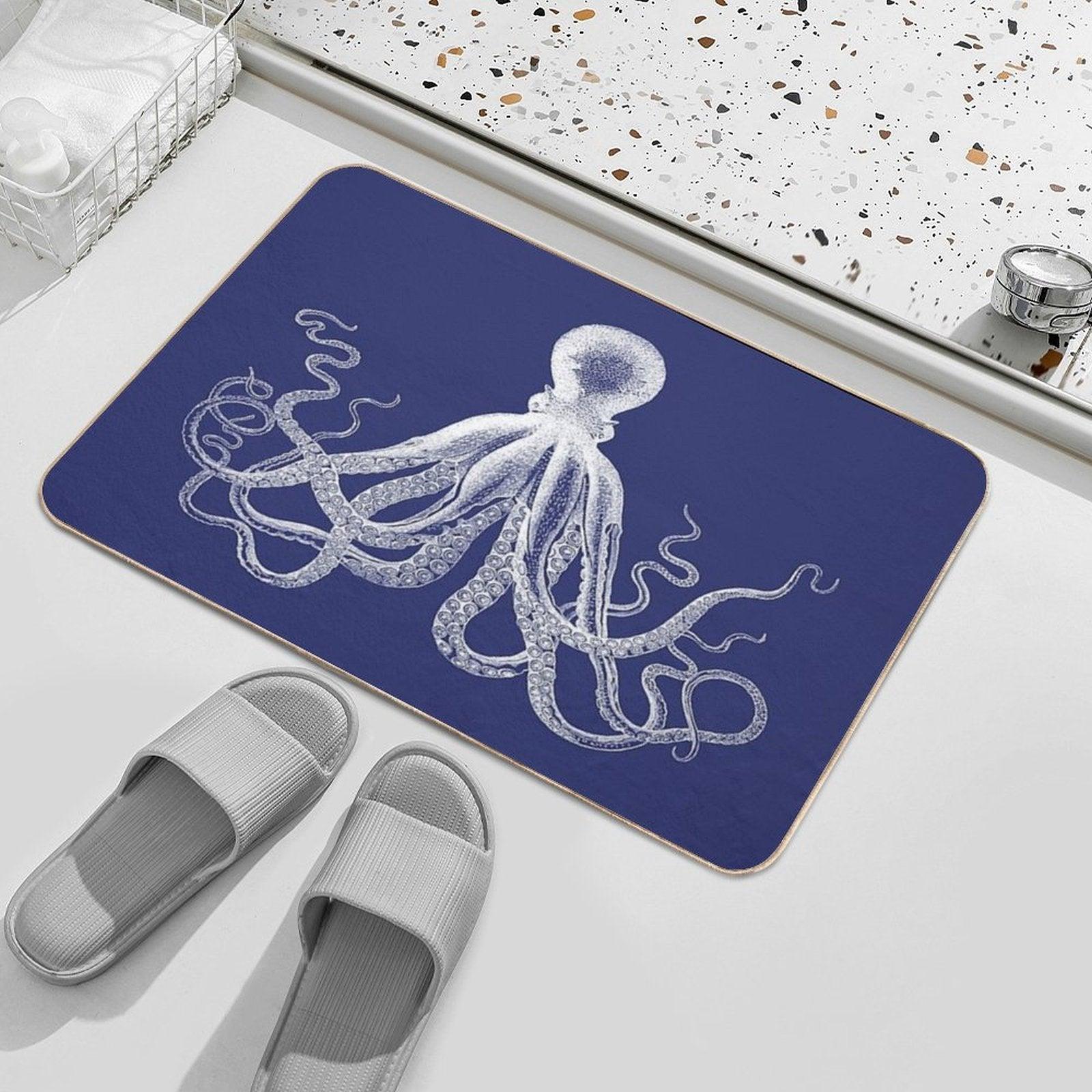 Octopus  Vintage Octopus  Tentacles  Sea Creatures  Nautical  Ocean  Sea  Beach  Navy Blue And White Bath Mat