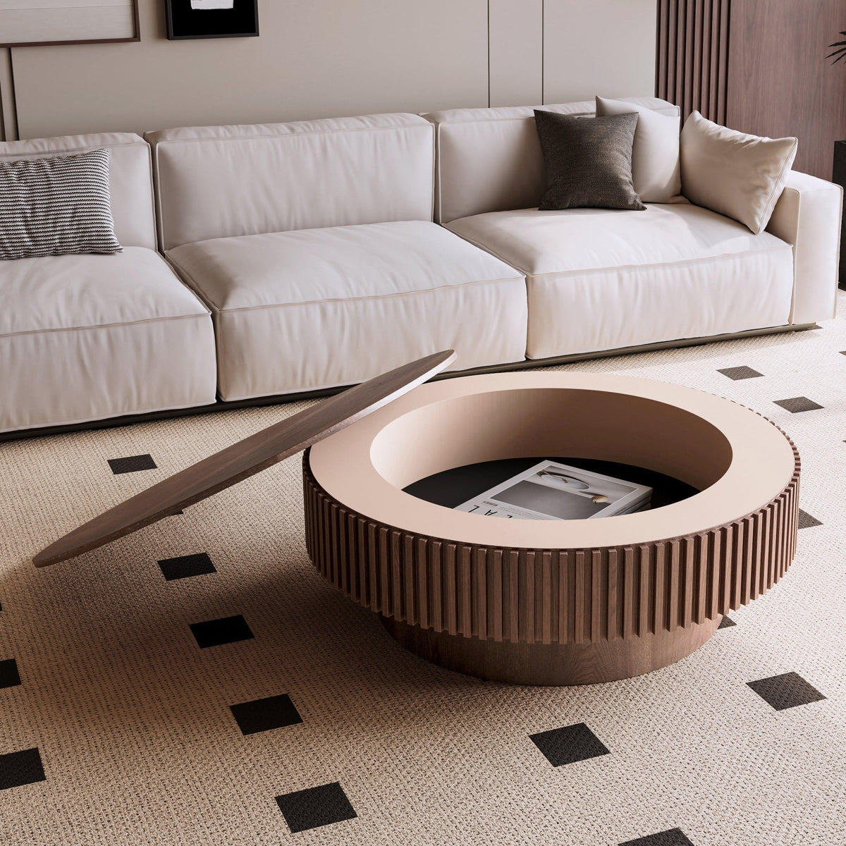 Modern Walnut Round Mushroom Coffee Table with Hidden Storage
