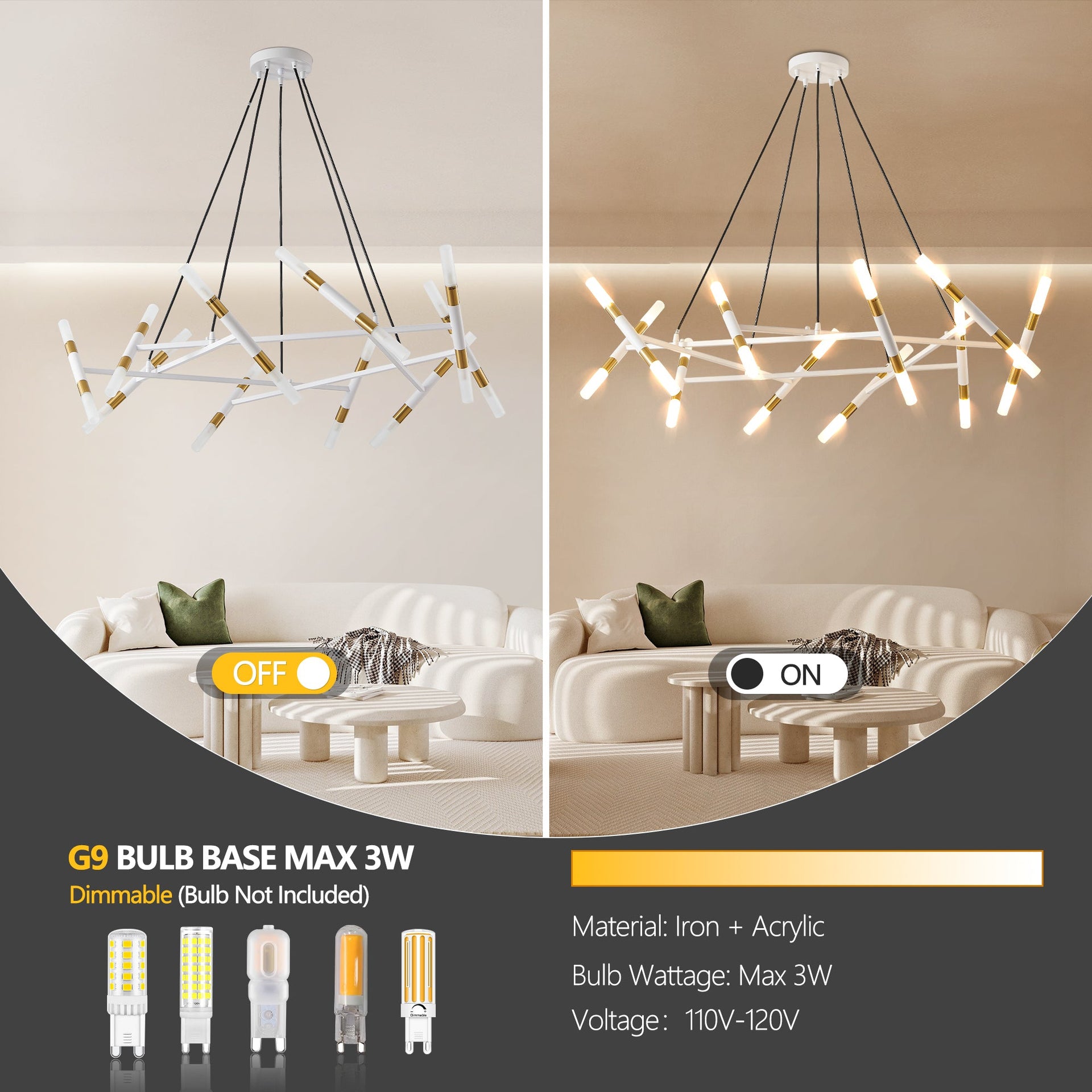 Modern Branch Chandelier with Frosted Tubes, Adjustable Height Pendant Light for Dining