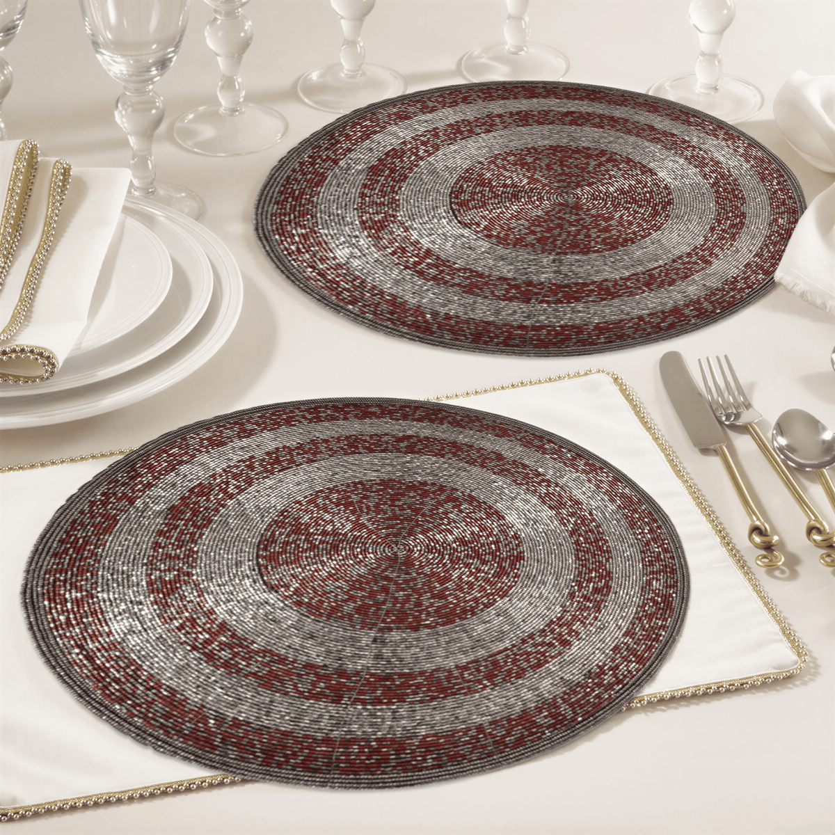 Beaded Placemats – Round Handmade Placemats with Embroidered Glass Beads | 14 Inch