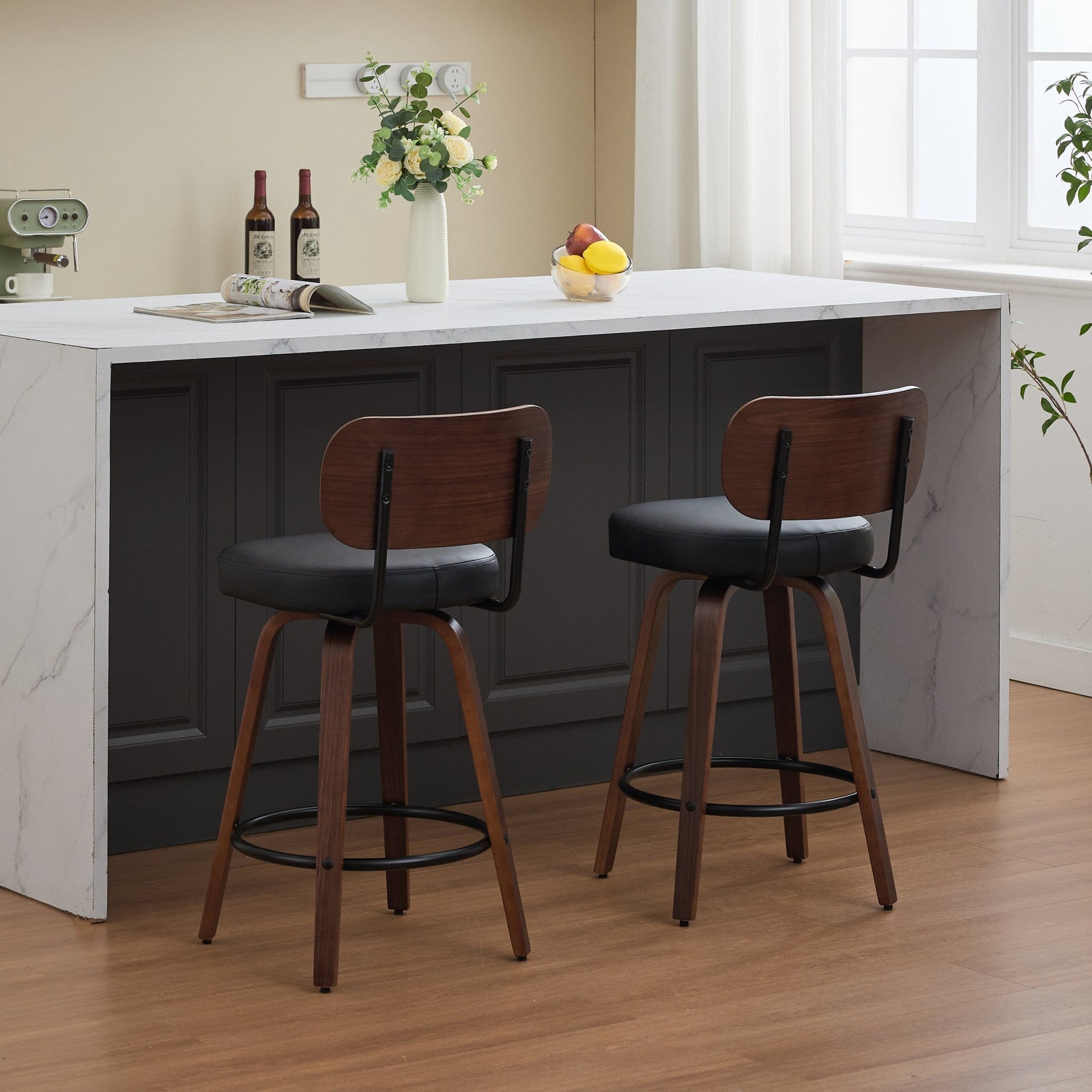 Black PU Leather and Walnut Bentwood Swivel Bar Stool Set