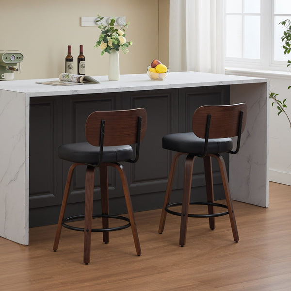 Black PU Leather and Walnut Bentwood Swivel Bar Stool Set