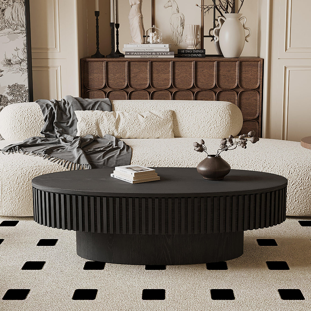 Modern Black Oval Coffee Table with Hidden Storage