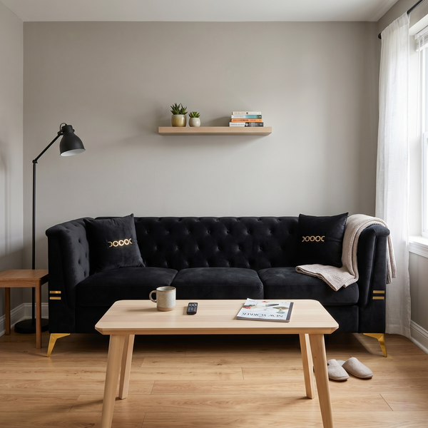 Black Velvet 3‑Seat Sofa