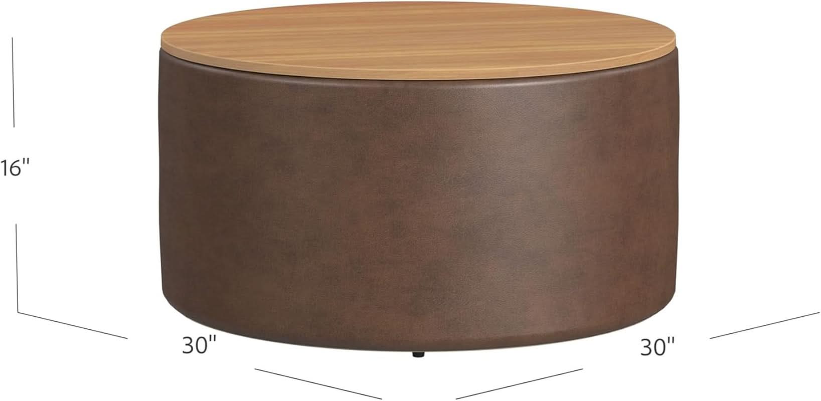 Polyester Upholstered Brown Wood Top Storage Ottoman