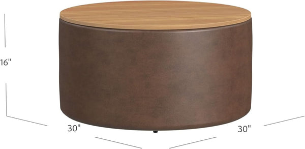 Polyester Upholstered Brown Wood Top Storage Ottoman