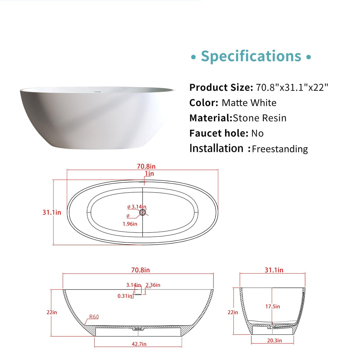 Solid Surface Matte Tub - 70.8
